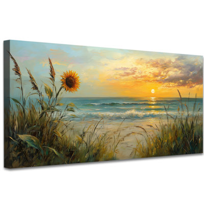 Large Beach Canvas Wall Art - Coastal Sunflower Beach Pictures Wall Decor, Nautical Beach Art Painting Prints for Living Room Ocean Wall Decor, Frame Wrapped Canvas Print, 30×60 inches