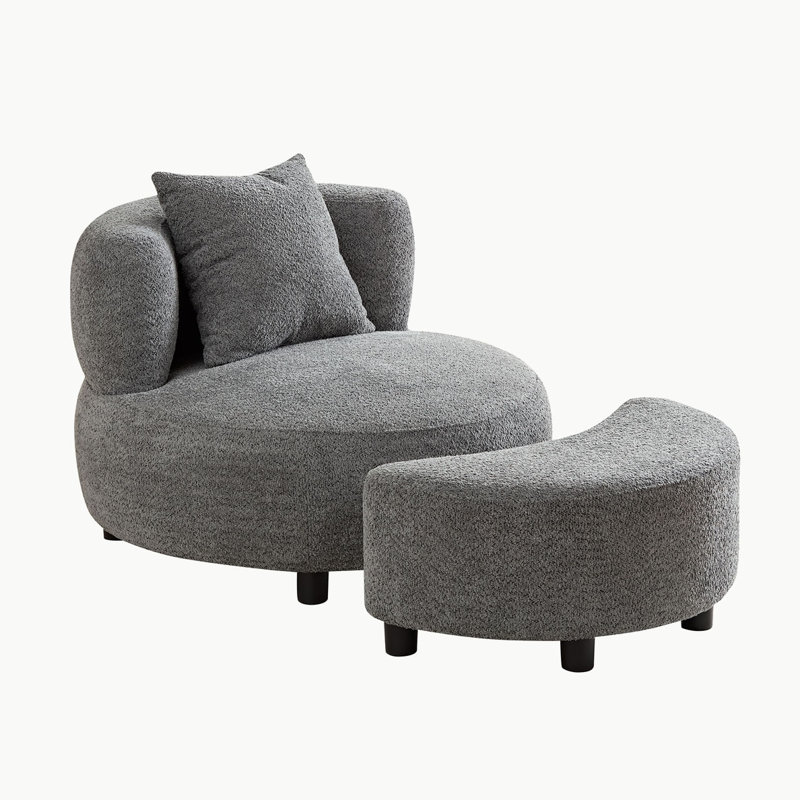 Joshwa Accent Chair with Ottoman Boucle Upholstered Sofa Chair for Living Room Bedroom and Office, Light Gray Teddy