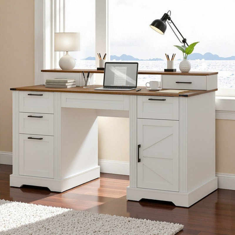 Bureau de direction de style ferme 59,5 po avec station de charge, tiroir classeur, support pour écran et plateau à clavier Syrova 59,5 po