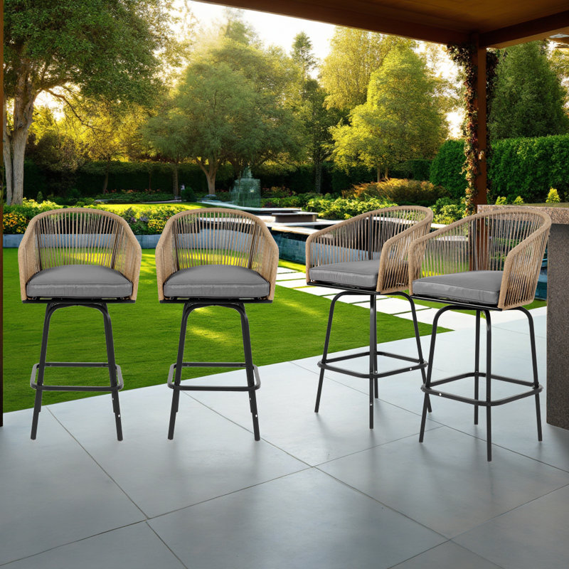 Tabourets de bar 4 pièces pour l'extérieur avec accoudoirs, chaises de patio avec structure en acier et rotin PE tissé, Gris