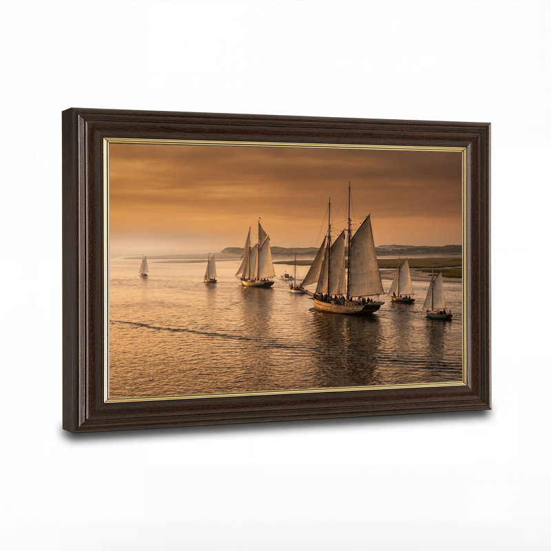 Art mural sur toile, "Flotte de voiliers naviguant sur une rivière au coucher du soleil", H 16 po x l 24 po