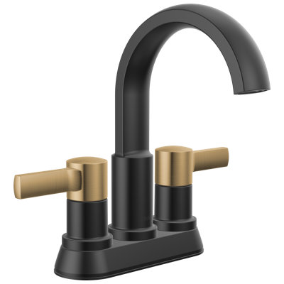 Delta Albion Centerset Matte Black/ Brushed Gold Bathroom Faucet, 4 Inch 3 Hole Bathroom Sink Faucet for Vanity, Metal Push-Pop Drain Assembly, Matte Black/Champagne Bronze