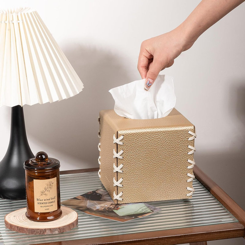PU Leather Tissue Holder Square Decorative Home Decor Cube Boxes, Gold