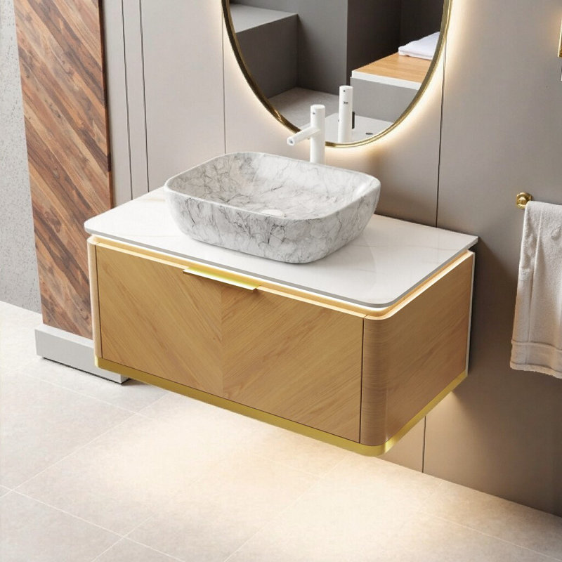 Meuble-lavabo flottant moderne 36 po avec lavabo et éclairage à DEL automatique - comptoir en pierre frittée, tiroir à fermeture en douceur, conception prête pour le spa