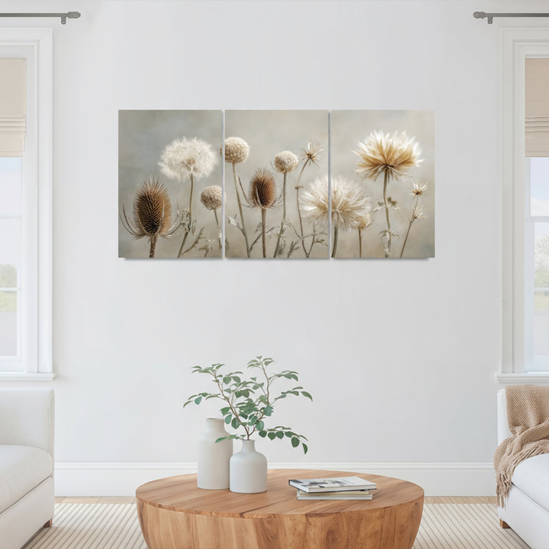 Ensemble de 3 tableaux sur toile tendue représentant des fleurs séchées et des chardons, idéal pour décorer un salon, une chambre ou un bureau.