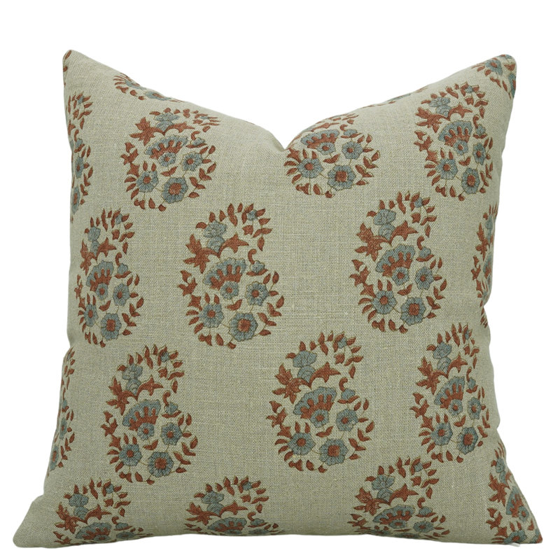 Coussin décoratif à motif de blocs de lin à motif éthique Fab divine - Anar Kali, H 24 po x l 24 po, Anarkali floral, Carré