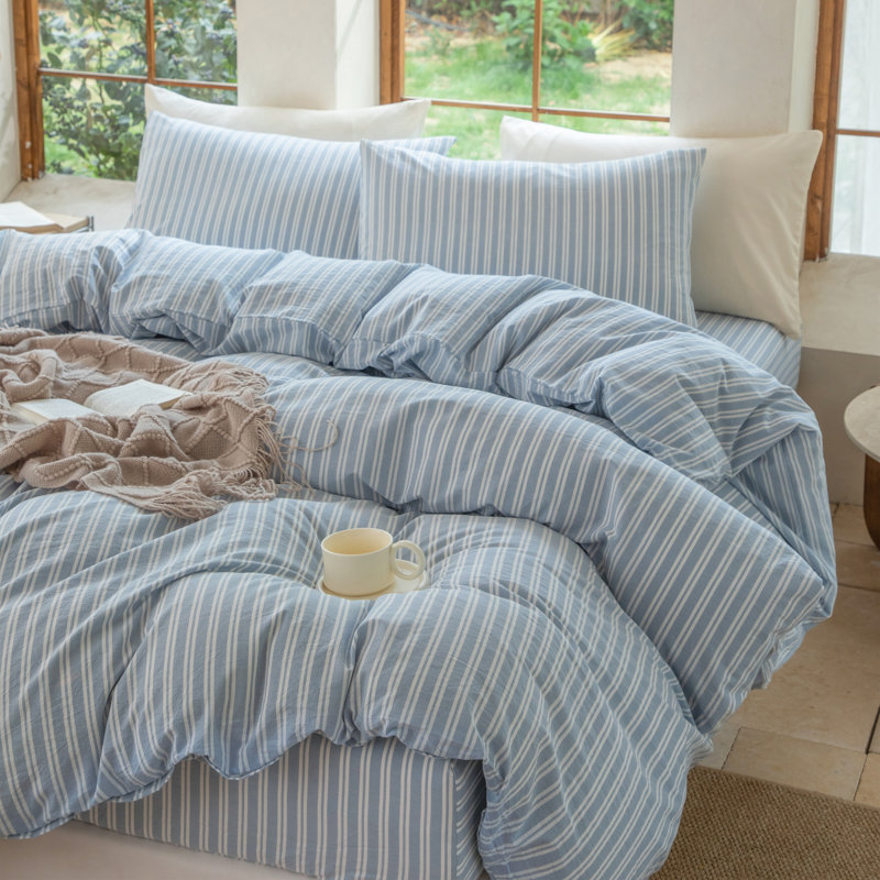 Ensemble de housse de couette à rayures XINMIANFANG, Housse de couette grand et 2 taies d'oreiller stan, Bleu / blanc