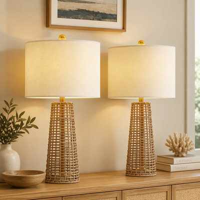 Ensemble de 2 lampes de table bohèmes en rotin de 67 cm pour le salon, lampe de chevet à intensité variable à 3 niveaux avec abat-jour en lin, lampe de nuit en osier pour la chambre (ampoules non comprises)