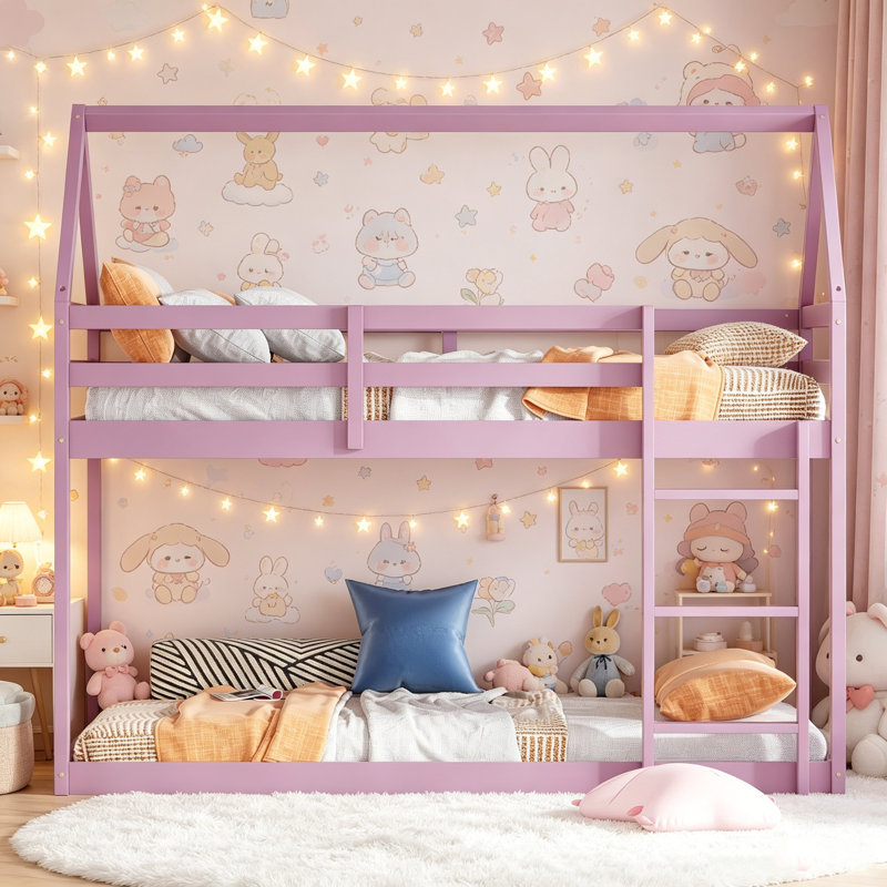 Lit superposé simple au-dessus de simple en bois massif avec échelle, en forme de maison, Pink