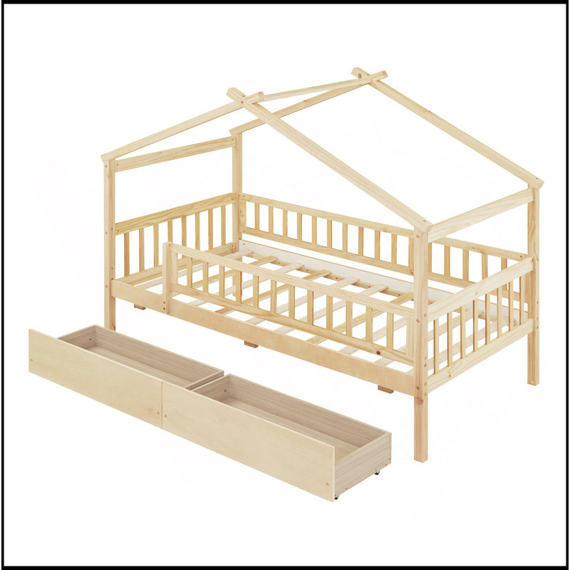Lit en bois avec deux tiroirs, Natural