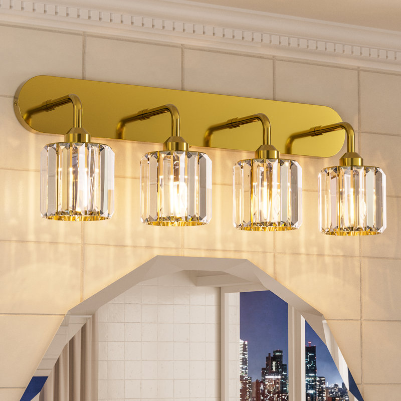 Dimmable Bathroom Vanity Light with Crystal Shade, 4 Lights, Brushed Gold