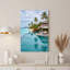 Art mural sur toile turquoise avec piscine au toit de chaume et palmiers-133545786