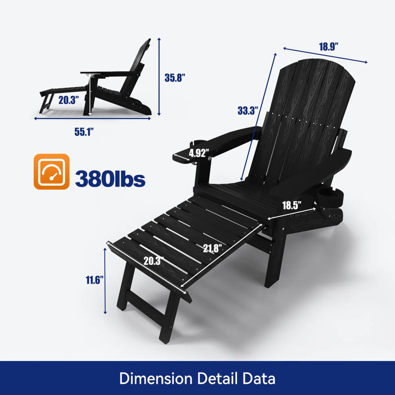 Outdoor Reclining HIPS Adirondack Chair With Footrest Set of 2, Black