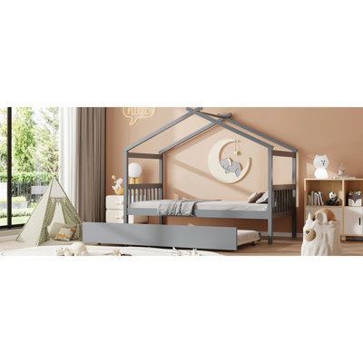 Lit simple gris en bois avec lit gigogne, toit en ciel fantaisiste, solide et idéal pour la création de pin massif de haute qualité, 2 têtes de lit, chambre de 41,5 po de largeur