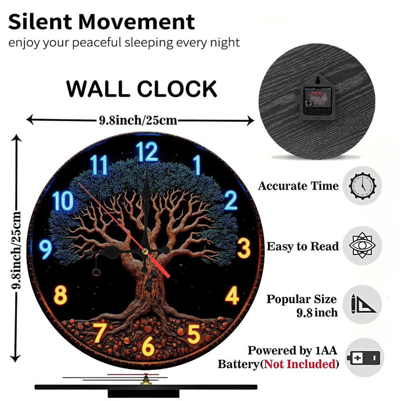 Horloge murale arbre de vie unique avec chiffres néon