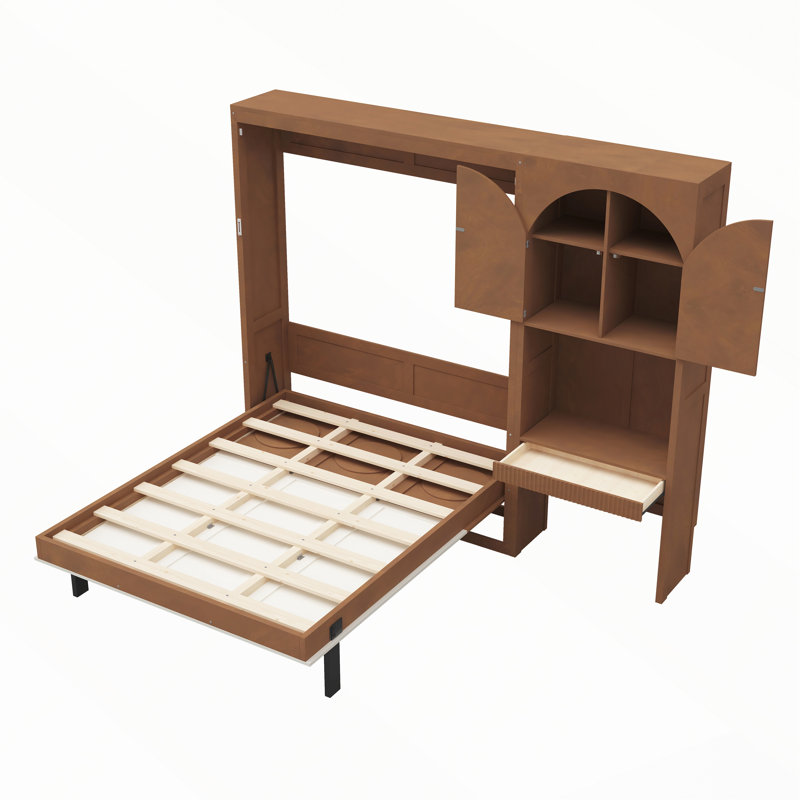 Lit escamotable avec armoire de rangement latérale, éclairage DEL, bureau intégré et portes d'armoire cintrées, Beige,Walnut