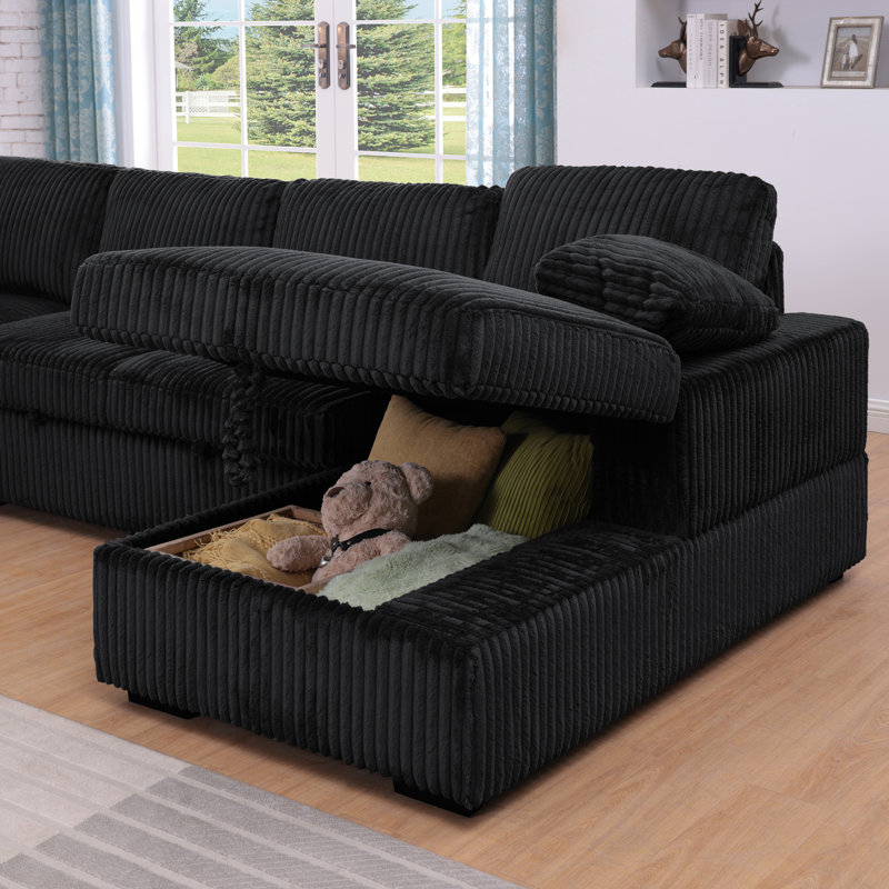 Canapé-lit modulaire avec lit escamotable, accoudoirs de rangement, méridienne de rangement orientée vers la droite, Noir