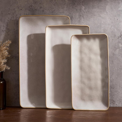 Ocean Series Cappuccino White Rectangular Stoneware Serving Platter 15.67"/14.1"/12.6"