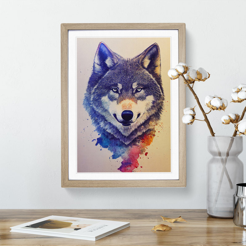 Painted Wolf No.6 - Wall Art, 34cm H x 25cm W, Oak Framed, White