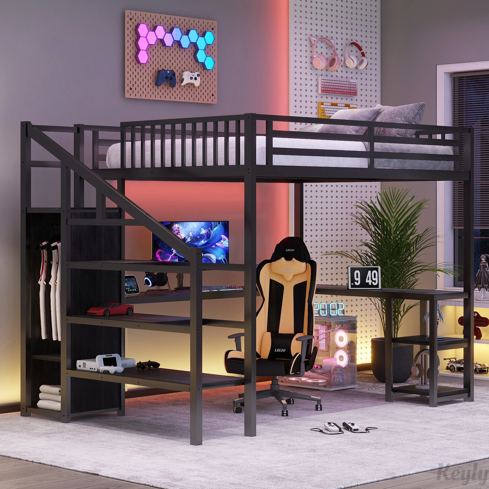 Harriet Bee Metal Loft Bed with Wardrobe and LED Light | Wayfair