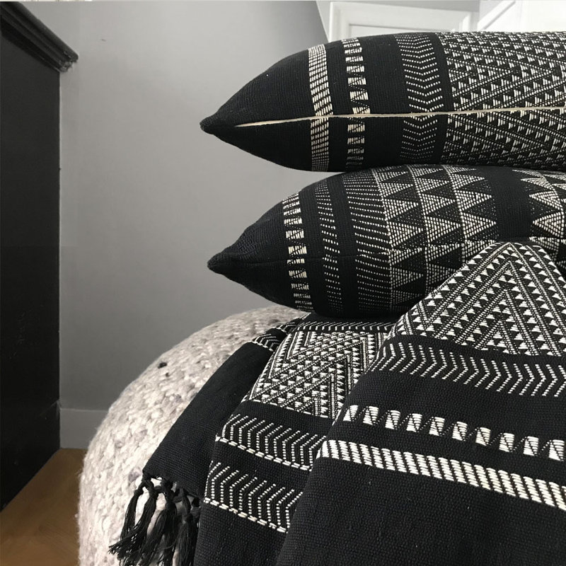 Fibre by Auskin Bohemian Cotton Throw Tribal Pattern Indoor Use 87" L, 53" W x 87" L, Black