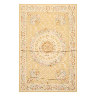 4x6 Hand Woven Wool Khaki French Aubusson Traditional Floral Rug