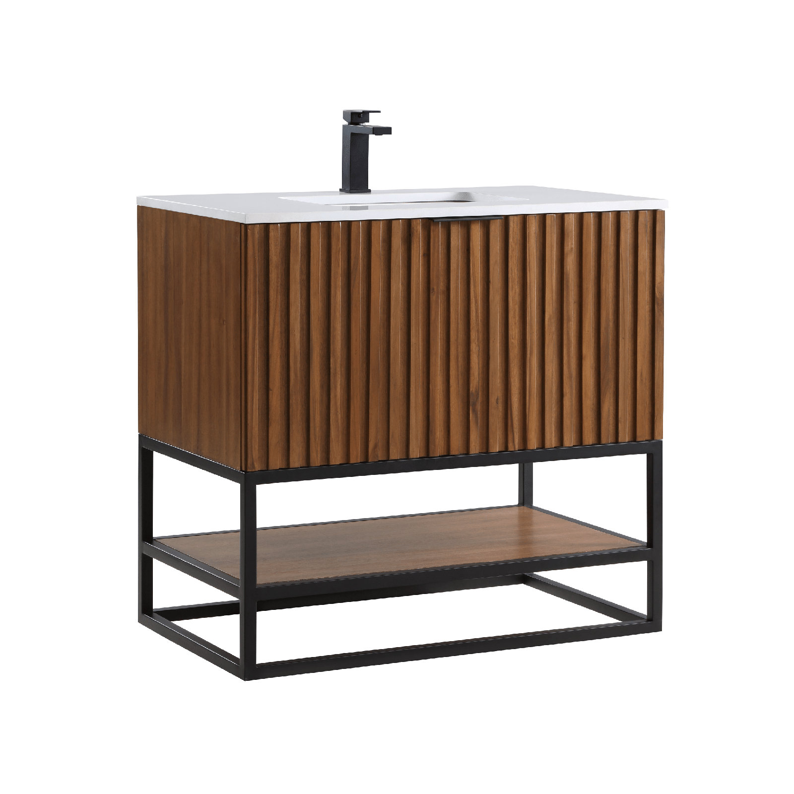 Terra 36'' Single Bathroom Vanity, Walnut, Matte Black, Calacatta Quartz/Widespread Faucet Mount
