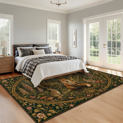 Tapis 10 x 14 pour chambre à coucher Scène de forêt rustique Renard, fleurs, champignons, champignon, chalet, lavable, tapis, tapis de salon, tapis de salle à manger, tapis antidérapant à envers en caoutchouc souple pour bureau de chambre de bébé