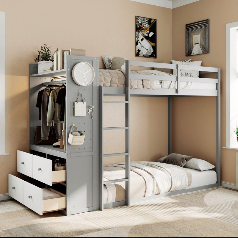 Lit superposé avec 4 tiroirs de rangement, bande lumineuse et tablettes intégrées, Gris