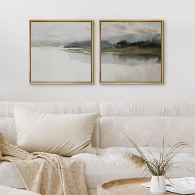 Mountains And Rivers " Misty Lake Ambiance Calming Abstract Nature Landscape " 2 - Pieces