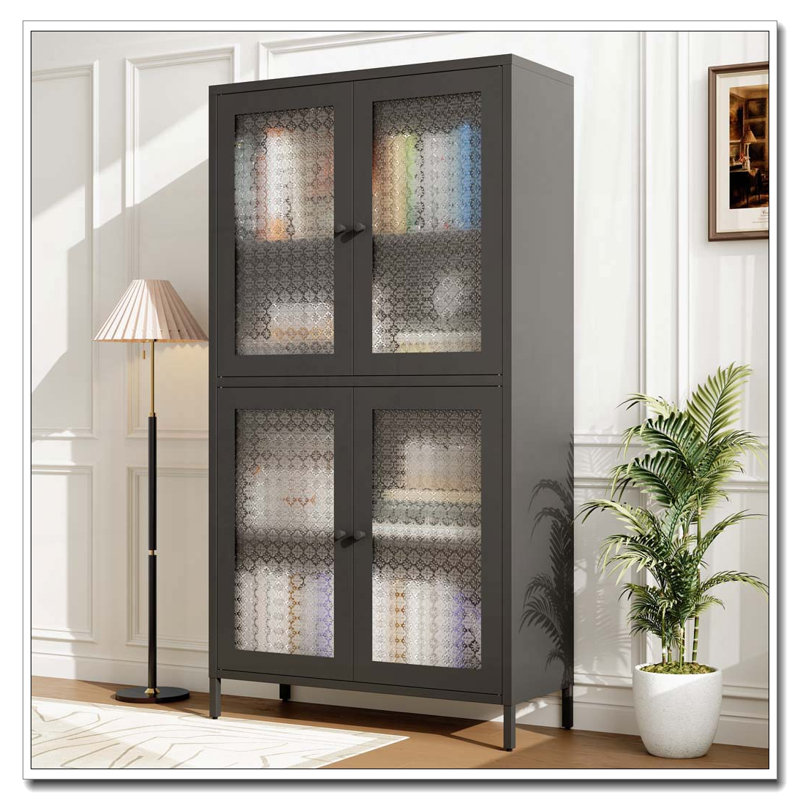 Classic Metal Storage Display Cabinet with Begonia Flower Tempered Glass