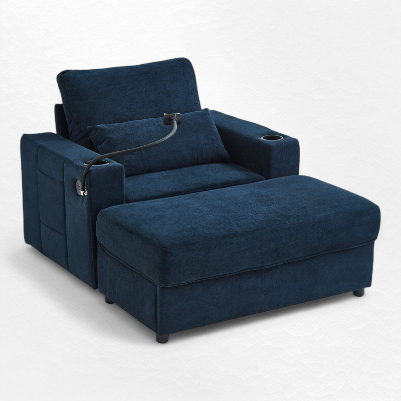 Upholstered Armchair With Storage Ottoman & USB Ports, Blue