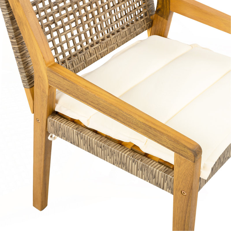 Ensemble repas d'extérieur - Table Stamford en bois d'acacia de qualité supérieure et chaises en osier avec coussin crème pour une expérience culinaire confortable, convient aux grands rassemblements (1 table + 4 chaises)