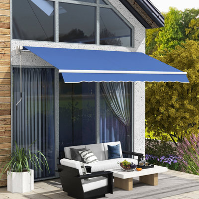 12' X 10' Retractable Sun Shelter Awning , 280G/M & Water- Fabric, Manual Crank, Aluminum Frame For Various Surfaces In Balcony, Dark Blue Awning, 10', Deck, Patio, Yard