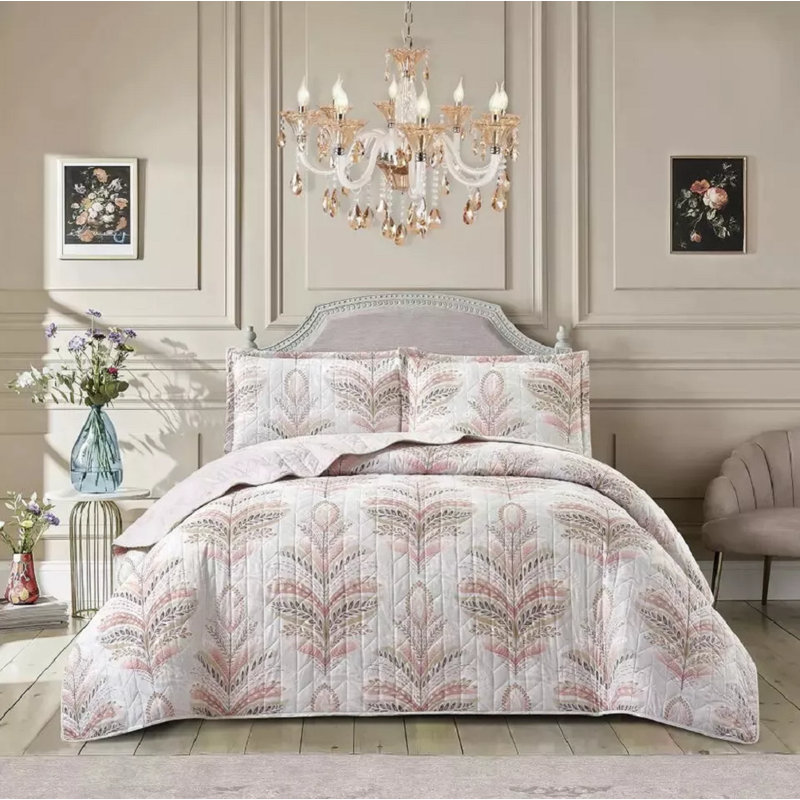 Printed Bedspread Set Floral Pattern with Matching Pillow Shams, Soft Microfiber Coverlet, Lightweight & All-Season Bedding