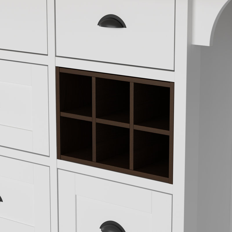 Bar à domicile extensible avec support à vin, 7 tiroirs et rangement - Panneau de fibres à densité moyenne, blanc et grain de bois