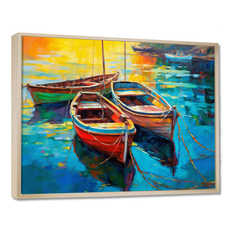 Trois bateaux dans le port I - impression sur toile Coastal Port, H 16 po x l 32 po x P 1 po, Cadre flottant érable