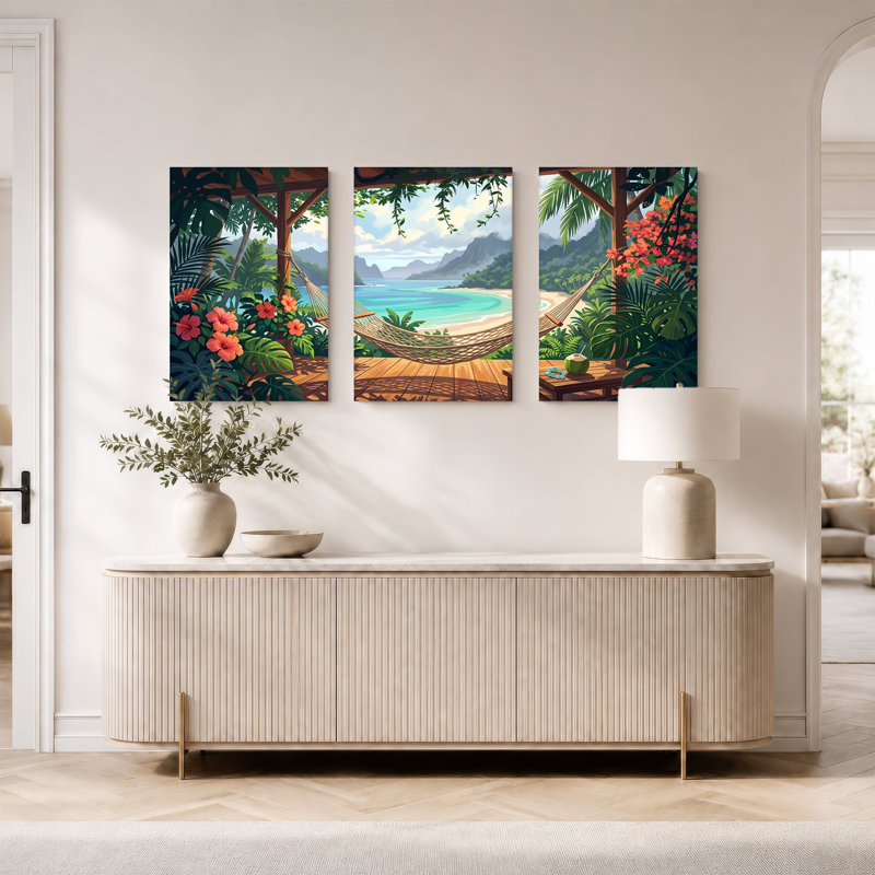 Toile tropicale hamac tropical avec hibiscus et palmiers, ensemble de 3 toiles, H 30 po x l 20 po x 3 pièces