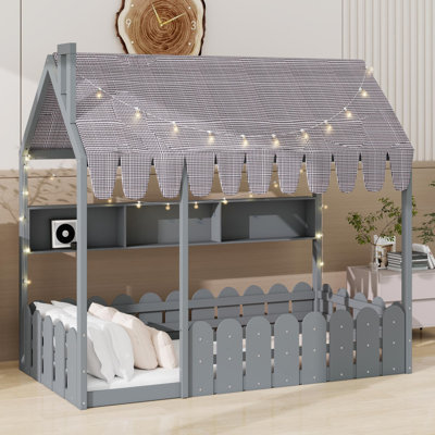 Complete Montessori Floor Bed System with Protective Fencing, Tent Attachment, Illumination, and Storage Compartments
