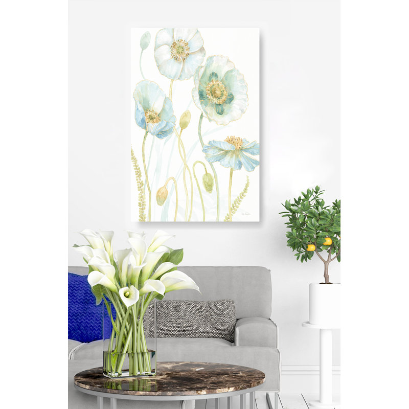 Coquelicots, dorés, dorés, bleus, fougères, sur fond blanc, H 16 po x l 24 po x P 1,5 po