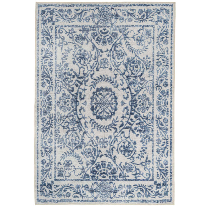 Machine Washable Beige Blue Traditional Damask Style Distressed Living Room Area Rug, Rectangle 120 x 170cm