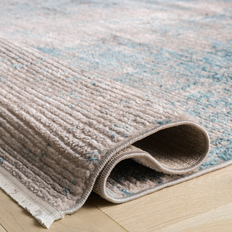 Tapis abstrait bleu / gris / crème, Rectangle 4 pi x 6 pi
