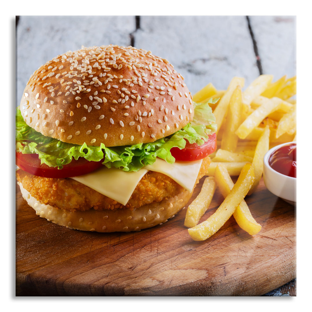 Glasbild "Chickenburger und Pommes"