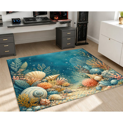Ocean Shell Underwater Scene Area Rug, Vivid Coral Reef Pattern, Machine Washable Non-Slip Floor Carpet, Abstract Artistic Indoor Home Accent for Living Room, Bedroom, Leisure Room, Den, Apartment