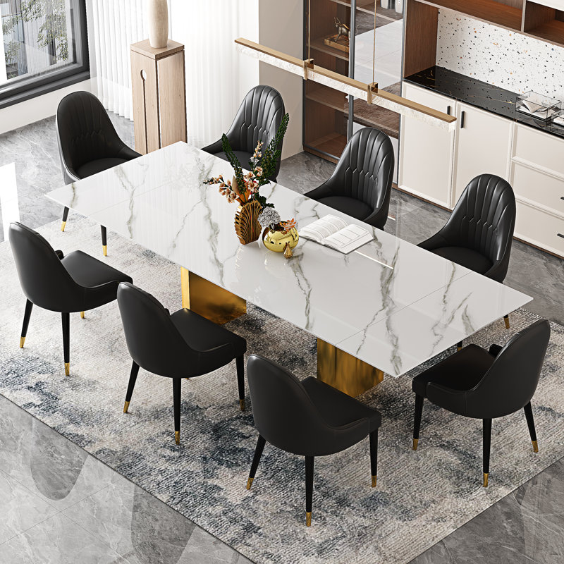 Ensemble de table de salle à manger 9 pièces avec table de salle à manger extensible en pierre frittée de 94,5 po avec 8 chaises à oreilles en similicuir