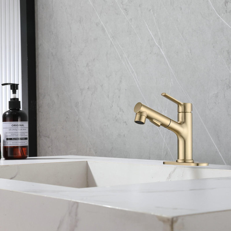 Single Handle Modern Bathroom Basin Faucet With Pop-up Sink Drain Stopper & Deck Plate, Brushed Gold