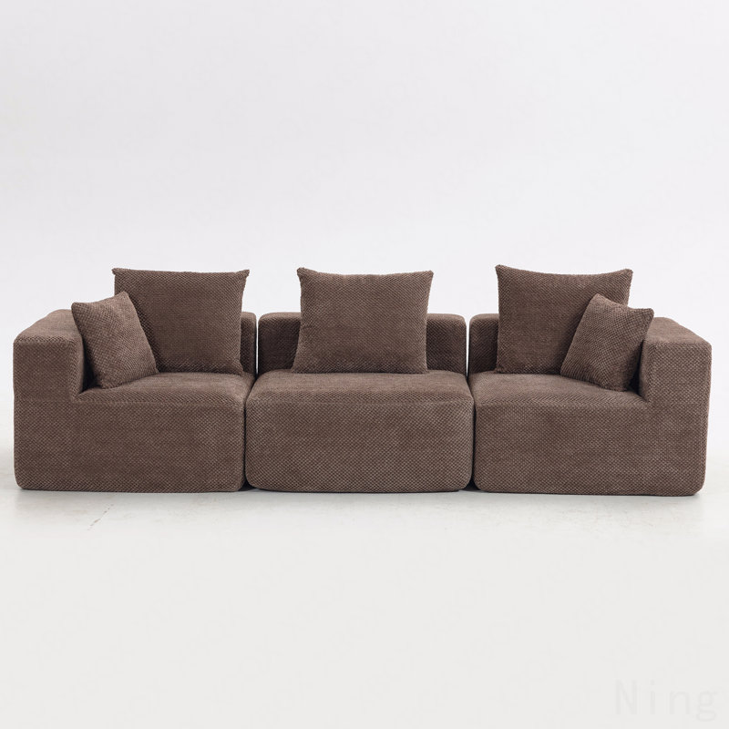 Oversized Modular Deep-Seat Sofa, 3-Piece All-Foam Sectional Couch In Soft Textured Fabric, Tool-Free Assembly, Apartment-Friendly Low Profile, 111" × 37" × 23.6"-Brown