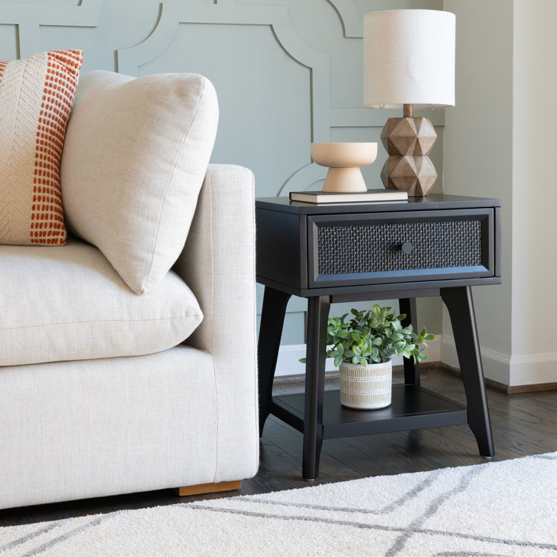 Cane Nightstand With Drawer and Shelf, Black