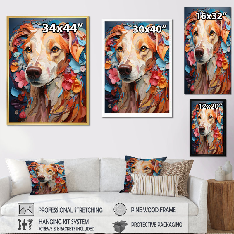 «Playfull Dog Whippet Popart II», reproduction sur toile, Cadre flottant blanc, H 40 po x l 30 po x P 1,5 po