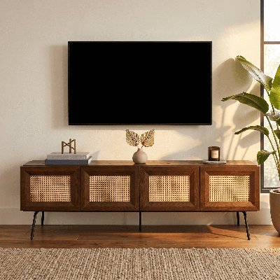  NTC Mossic TV Media Cabinet, Entertainment Center with Natural Rattan, Metal Legs, Modern Storage Console for Living Room and Bedroom, Effortless Assembly